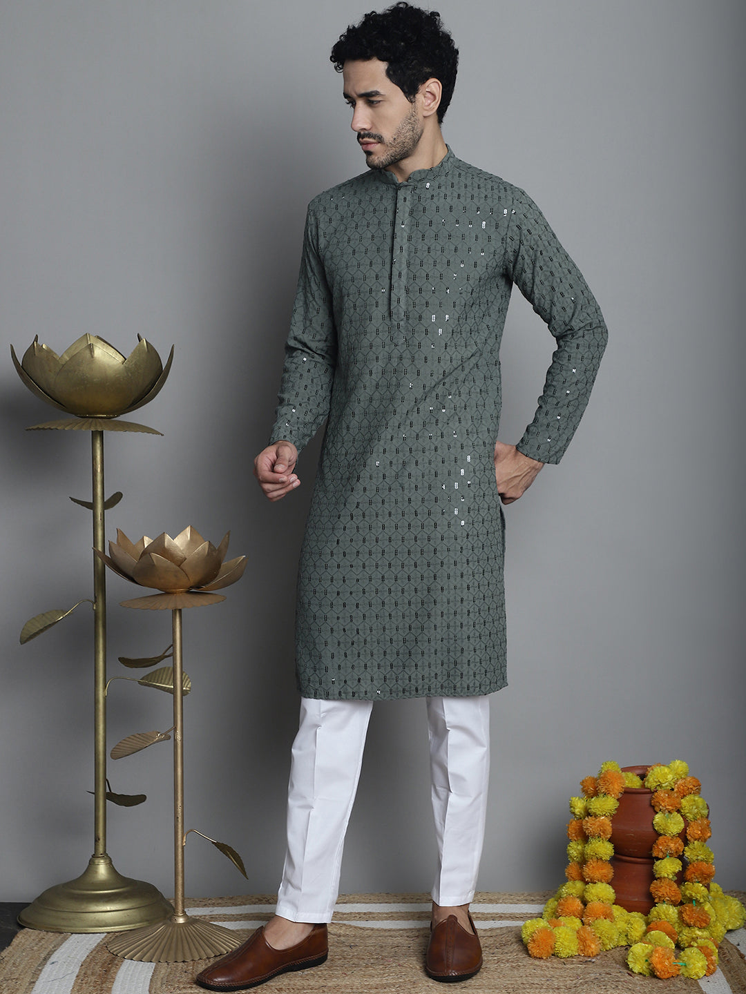 Men's Chikankari Embroidered and Sequence Kurta with Pyjama
