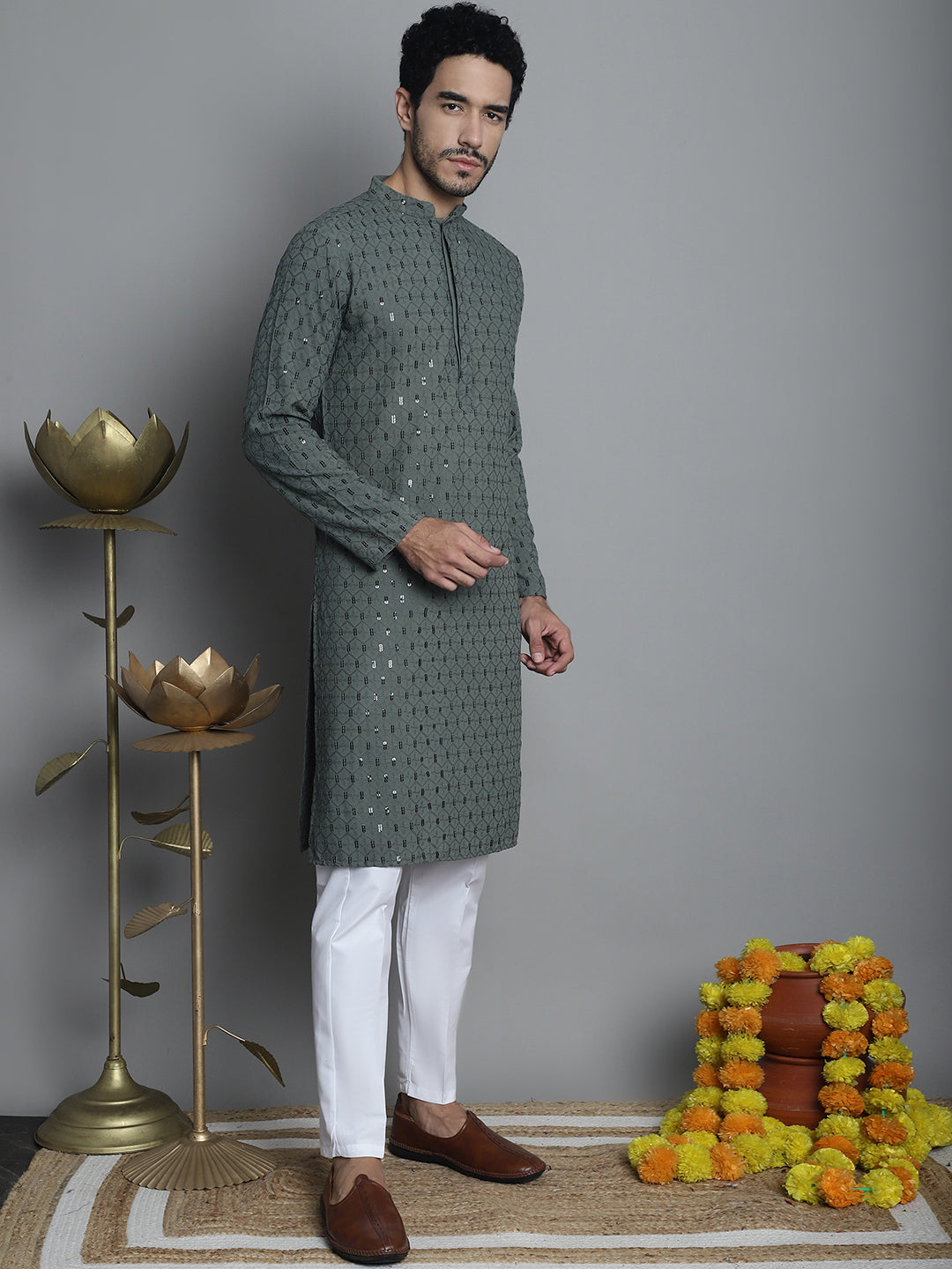 Men's Chikankari Embroidered and Sequence Kurta with Pyjama