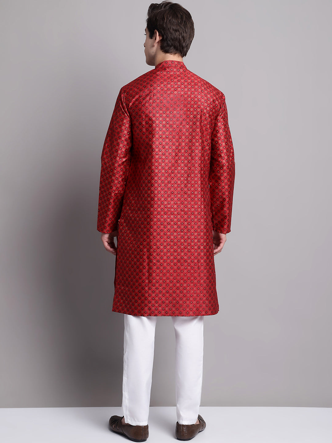 Men's Maroon Printed Silk Blend Kurta Payjama
