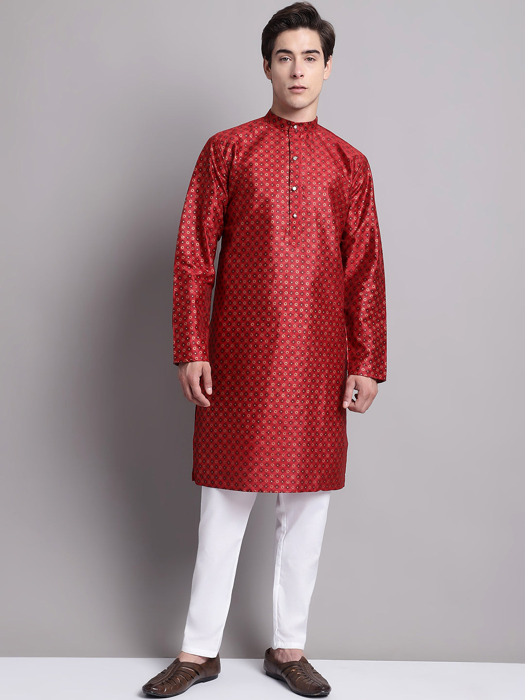 Men's Maroon Printed Silk Blend Kurta Payjama