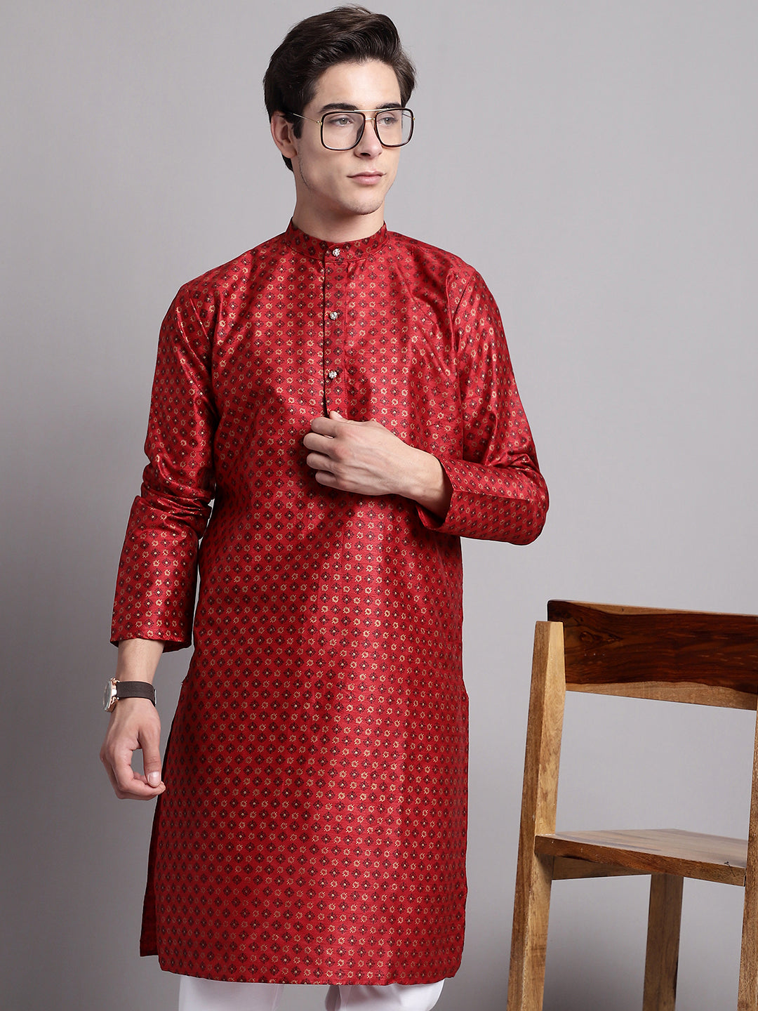 Men's Maroon Printed Silk Blend Kurta Payjama