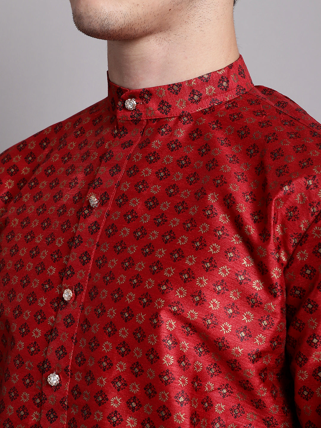 Men's Maroon Printed Silk Blend Kurta Payjama