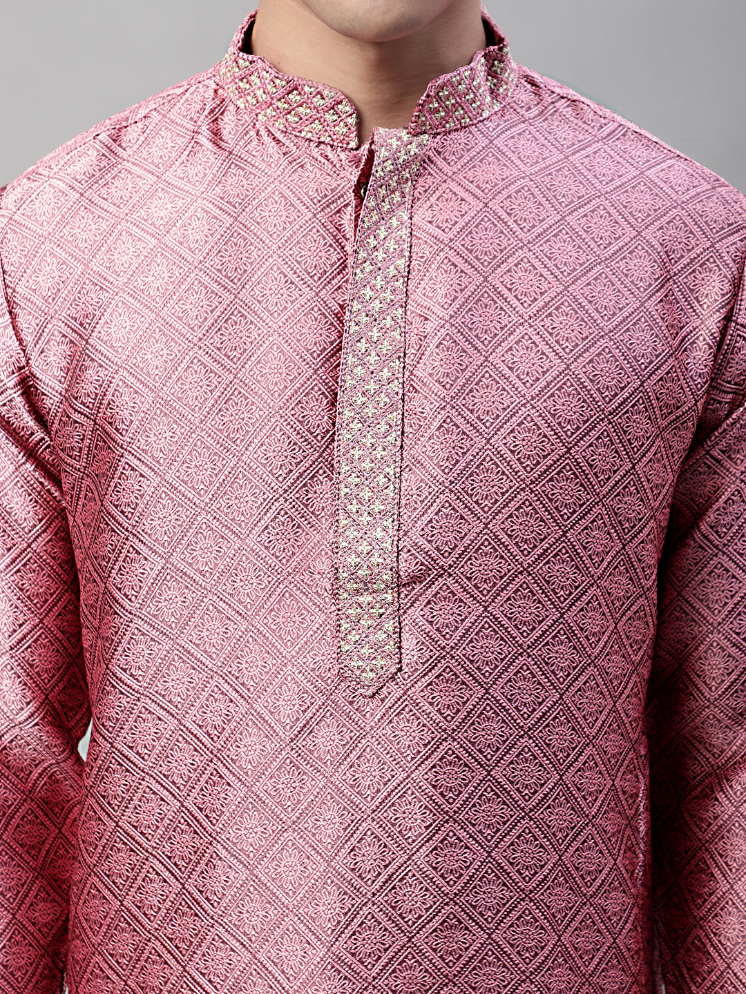 Men's Pink Collar Embroidered Silk Jacquard Kurta Pyjama