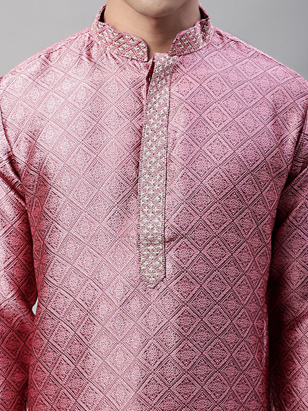 Men's Pink Collar Embroidered Silk Jacquard Kurta Pyjama