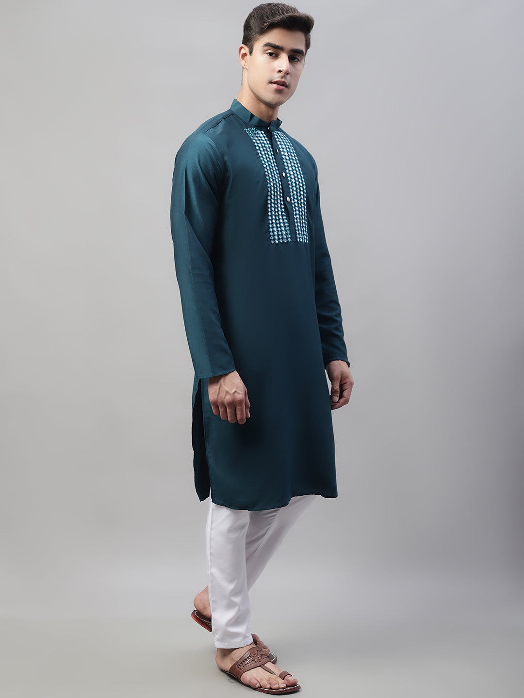 Men's Teal Blue Cotton Silk Mirror Work Kurta Pyjama