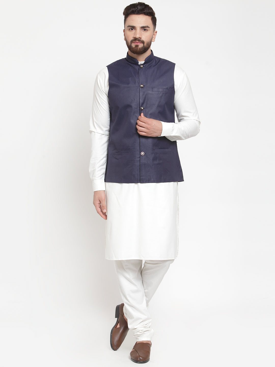 Jompers Men's Solid Kurta Pajama with Solid Waistcoat ( JOKP WC 4051Navy )