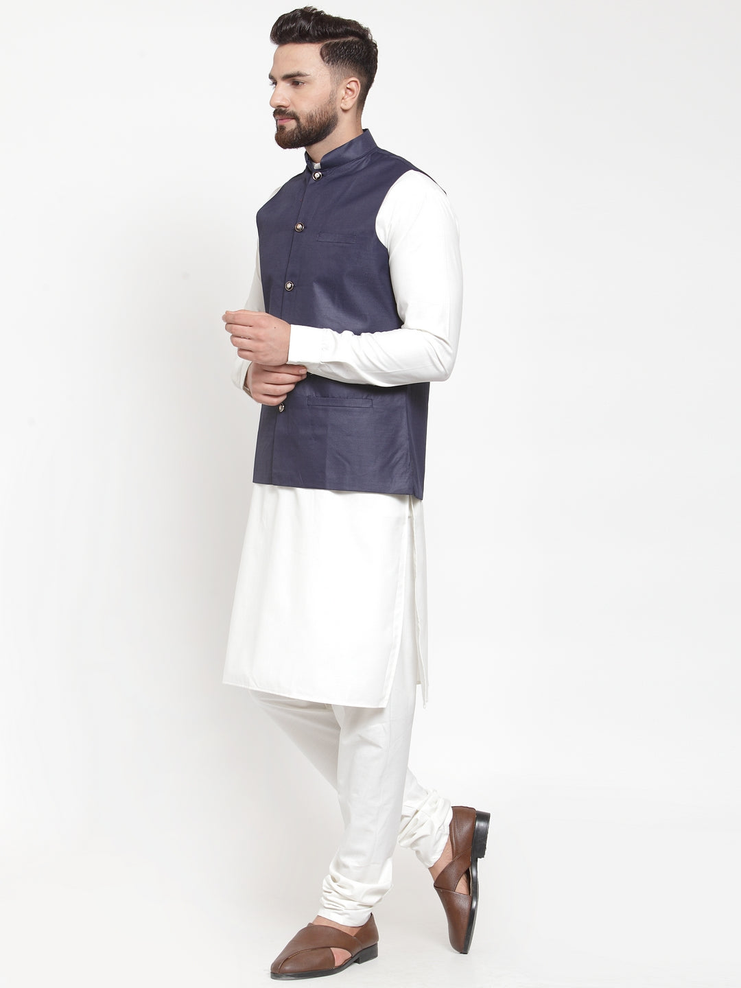 Jompers Men's Solid Kurta Pajama with Solid Waistcoat ( JOKP WC 4051Navy )