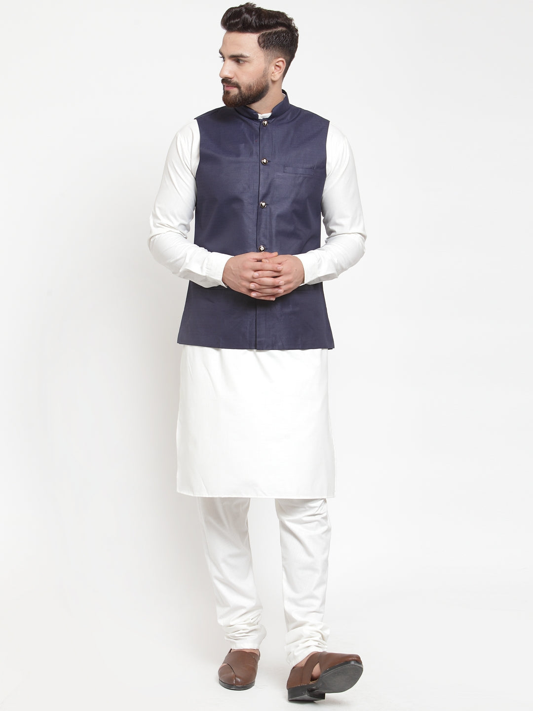 Jompers Men's Solid Kurta Pajama with Solid Waistcoat ( JOKP WC 4051Navy )