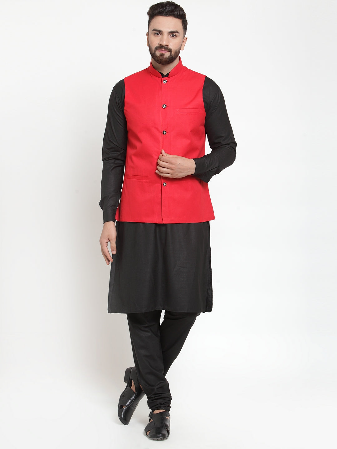 Jompers Men's Solid Kurta Pajama with Solid Waistcoat ( JOKP WC 4052Red )