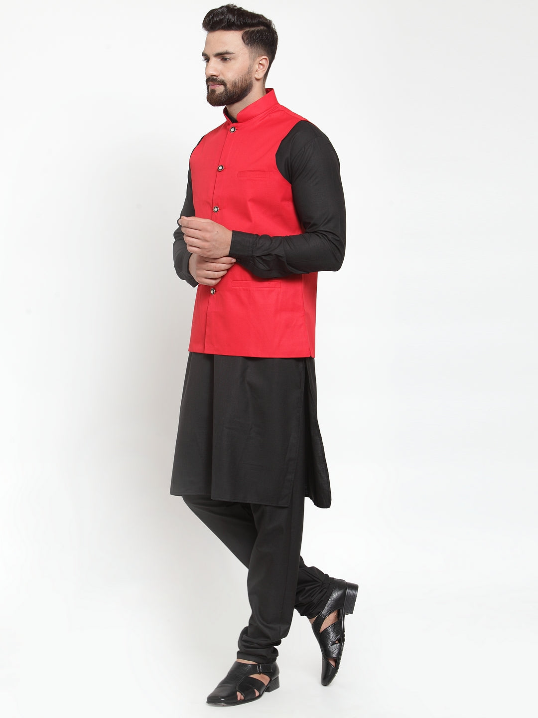 Jompers Men's Solid Kurta Pajama with Solid Waistcoat ( JOKP WC 4052Red )