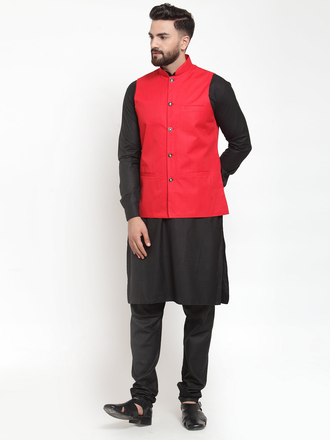 Jompers Men's Solid Kurta Pajama with Solid Waistcoat ( JOKP WC 4052Red )