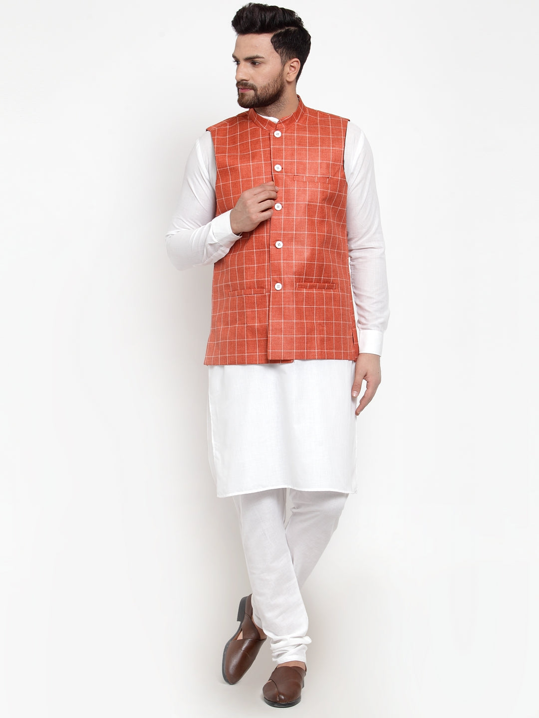 Jompers Men's Solid Kurta Pajama with Checked Waistcoat ( JOKP WC 4053 Peach )