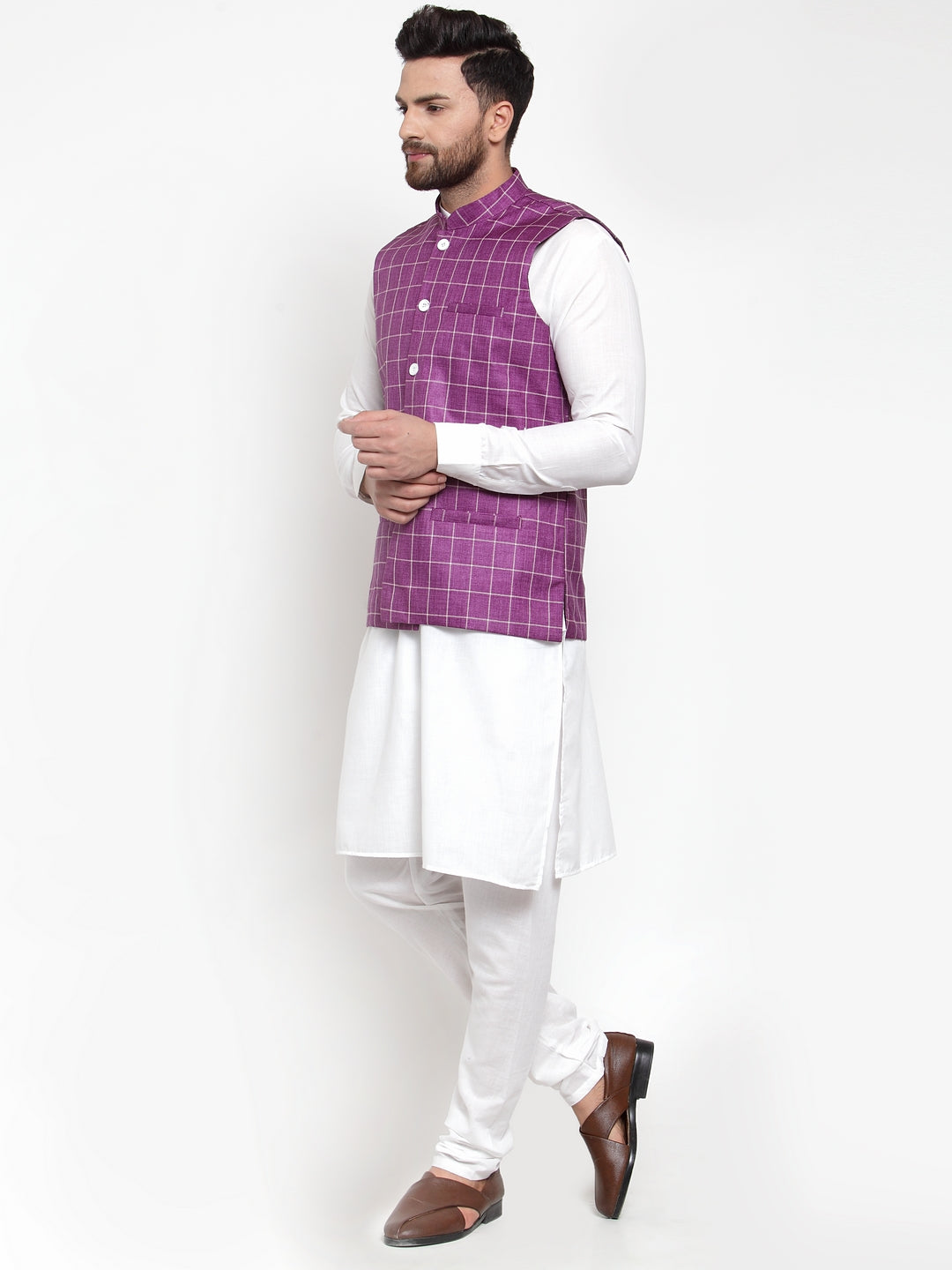 Jompers Men's Solid Kurta Pajama with Checked Waistcoat ( JOKP WC 4053 Purple )