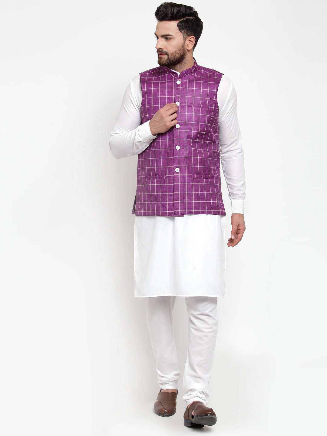Jompers Men's Solid Kurta Pajama with Checked Waistcoat ( JOKP WC 4053 Purple )