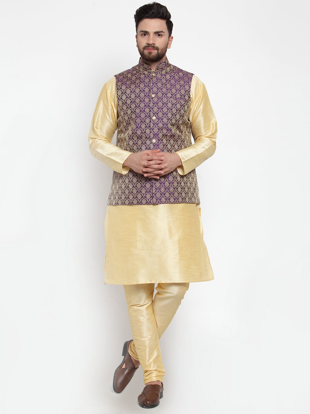 Jompers Men's Solid Dupion Kurta Pajama with Woven Jacquard Waistcoat ( JOKP WC 4055 Purple )