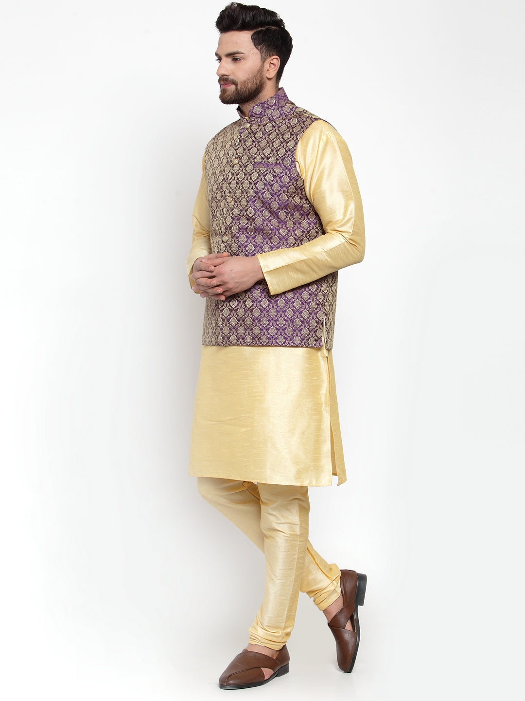 Jompers Men's Solid Dupion Kurta Pajama with Woven Jacquard Waistcoat ( JOKP WC 4055 Purple )