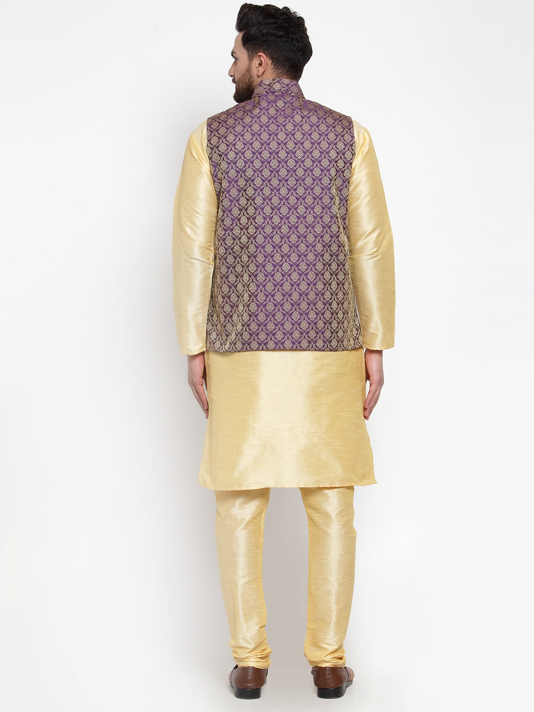 Jompers Men's Solid Dupion Kurta Pajama with Woven Jacquard Waistcoat ( JOKP WC 4055 Purple )