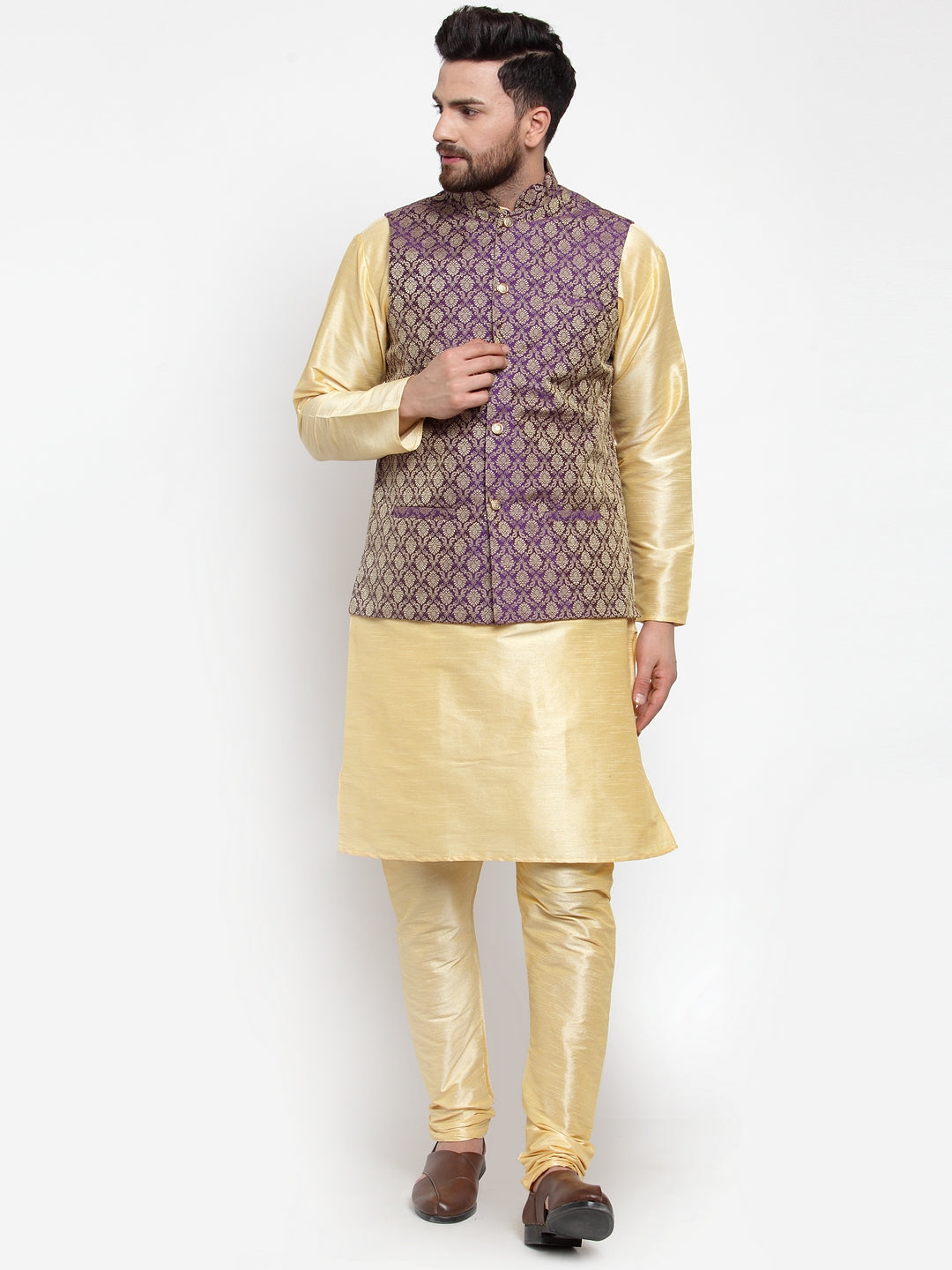 Jompers Men's Solid Dupion Kurta Pajama with Woven Jacquard Waistcoat ( JOKP WC 4055 Purple )