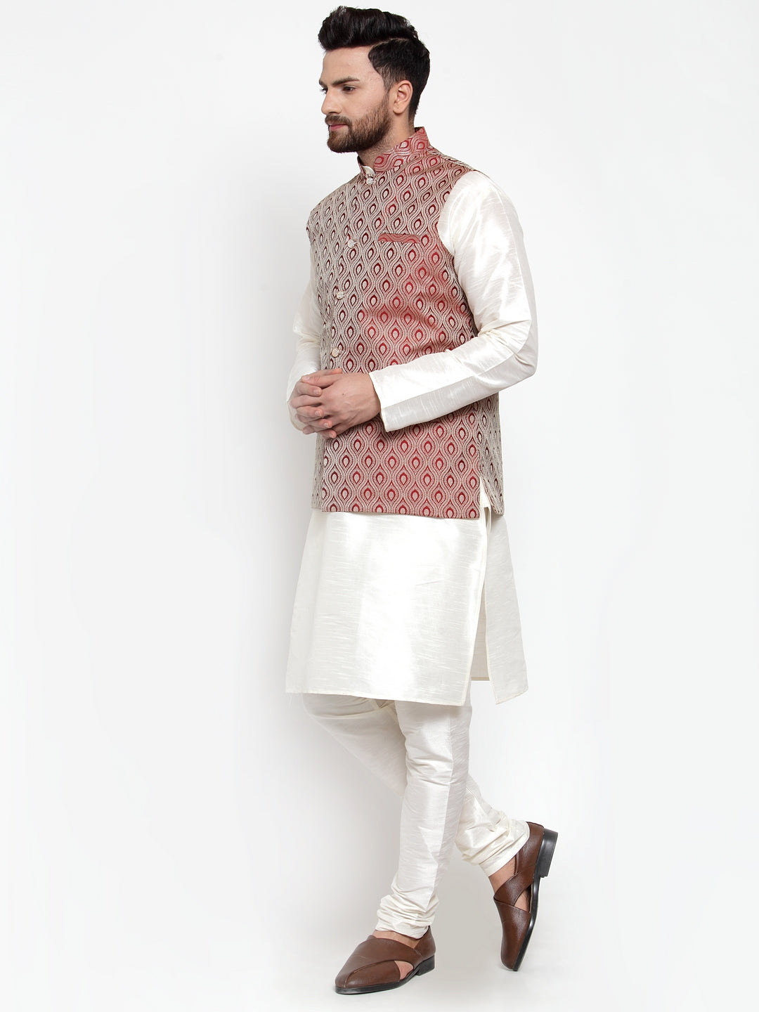 Jompers Men's Solid Dupion Kurta Pajama with Woven Jacquard Waistcoat ( JOKP WC 4056 Maroon )
