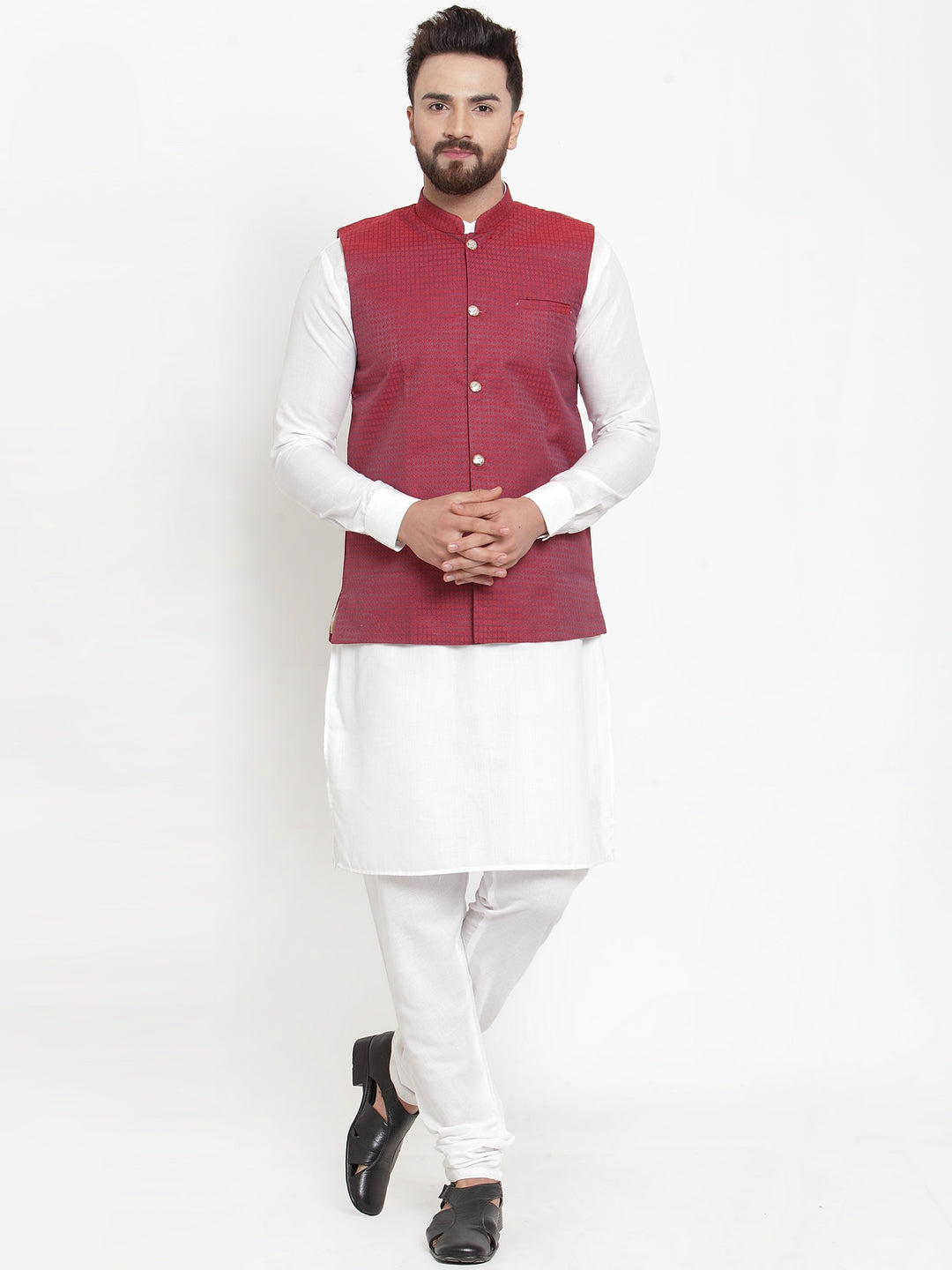 Jompers Men's Solid Cotton Kurta Pajama with Woven Jacquard Waistcoat ( JOKP WC 4057 Maroon )