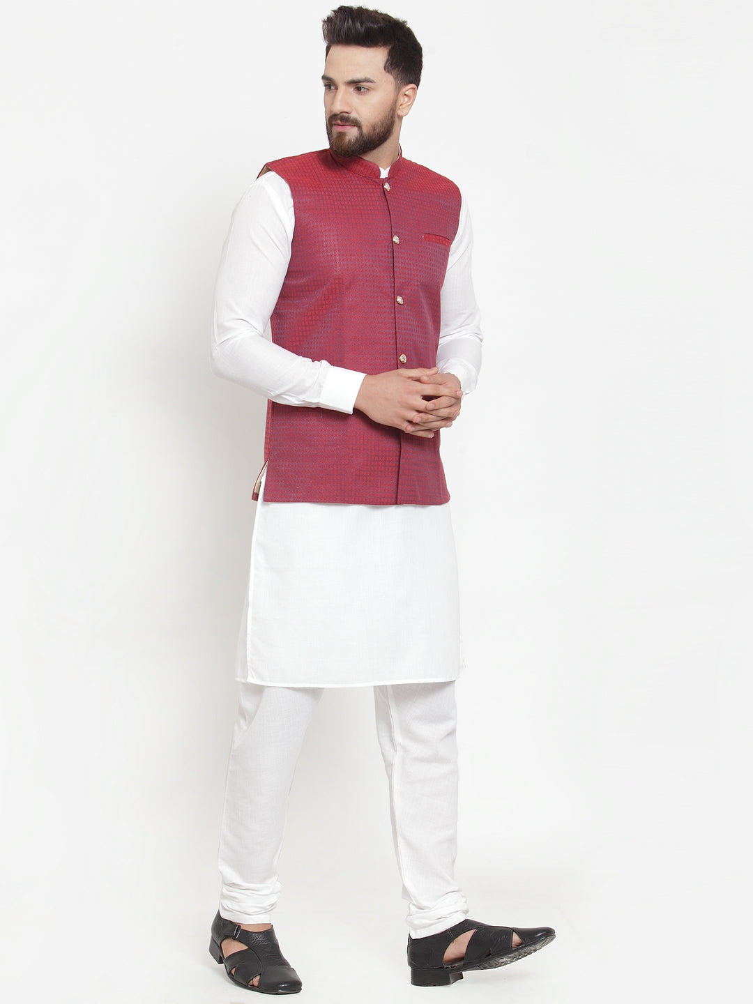 Jompers Men's Solid Cotton Kurta Pajama with Woven Jacquard Waistcoat ( JOKP WC 4057 Maroon )