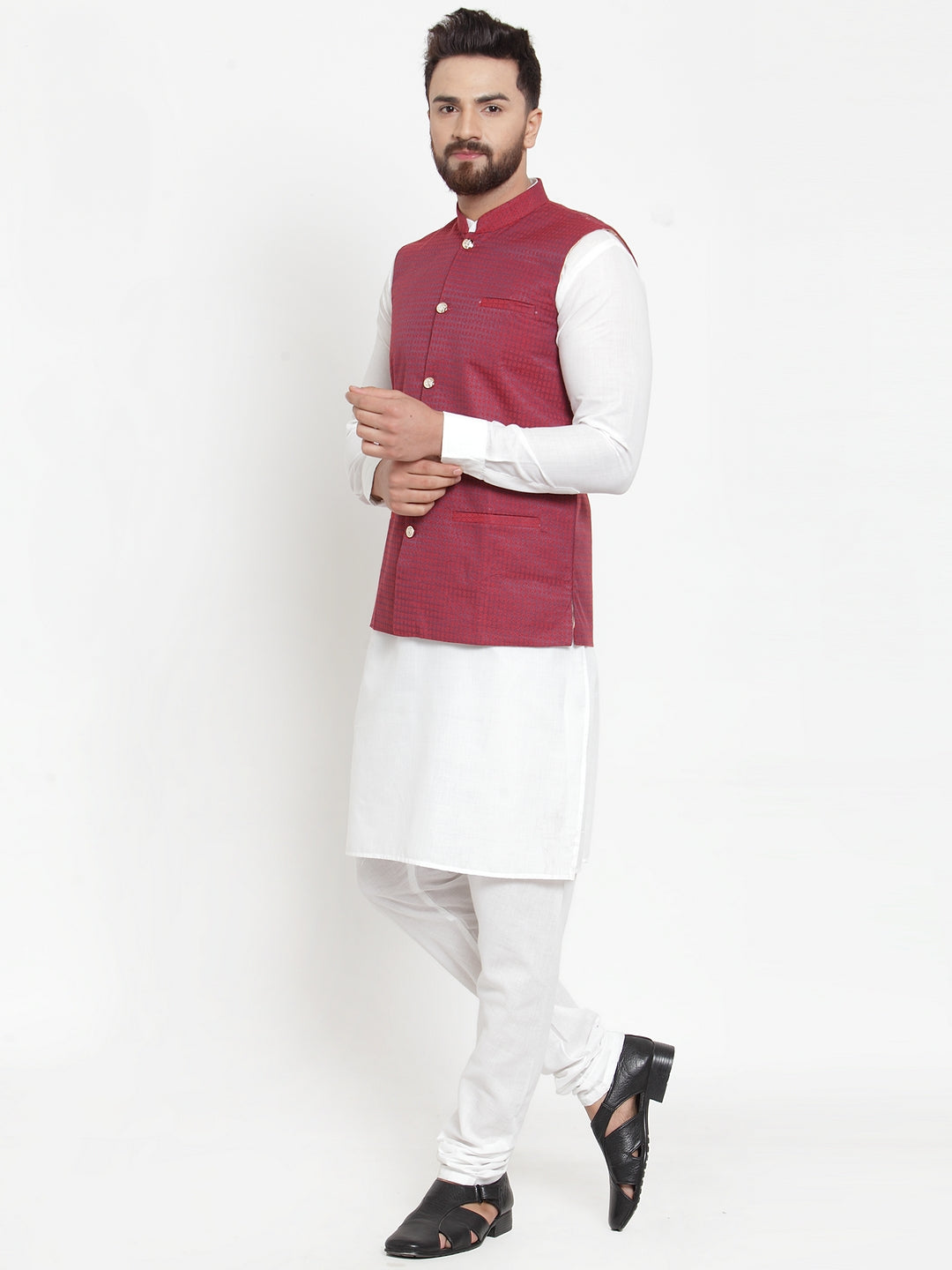 Jompers Men's Solid Cotton Kurta Pajama with Woven Jacquard Waistcoat ( JOKP WC 4057 Maroon )