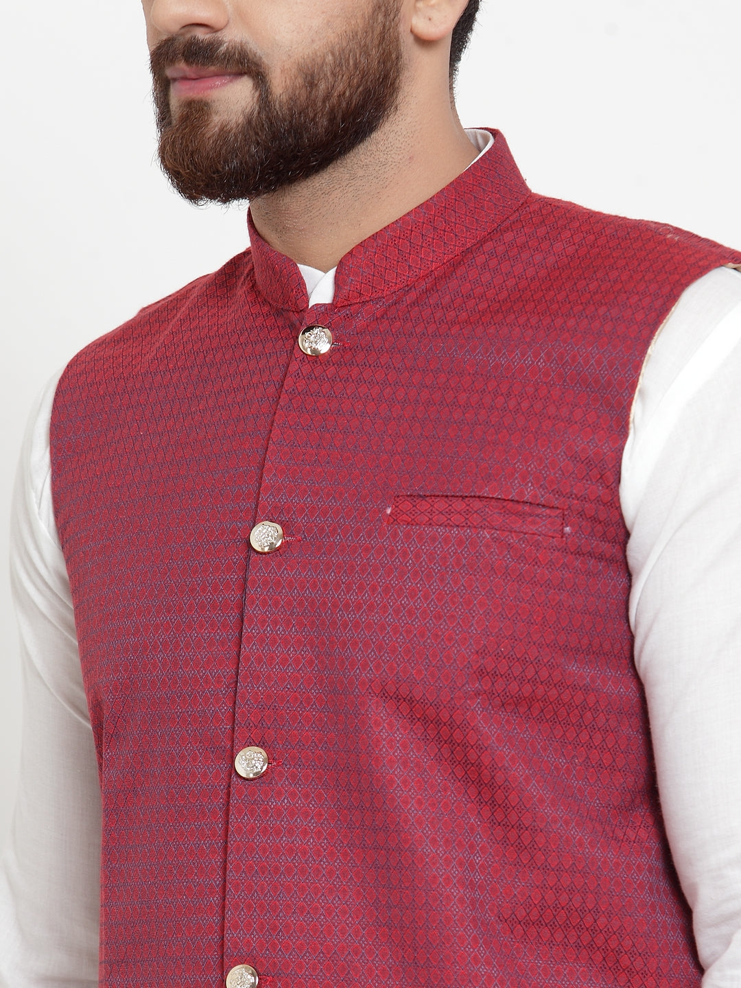 Jompers Men's Solid Cotton Kurta Pajama with Woven Jacquard Waistcoat ( JOKP WC 4057 Maroon )