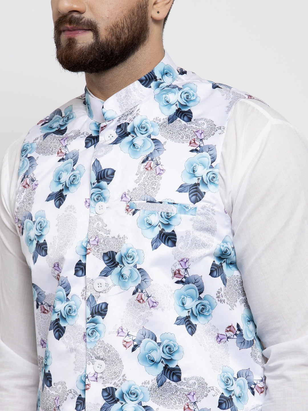 Jompers Men's Solid Cotton Kurta Pajama with Printed Waistcoat ( JOKP WC 4058 Silver-W )