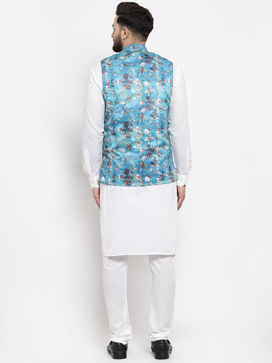 Jompers Men's Solid Cotton Kurta Pajama with Printed Waistcoat ( JOKP WC 4058 Sky-W )