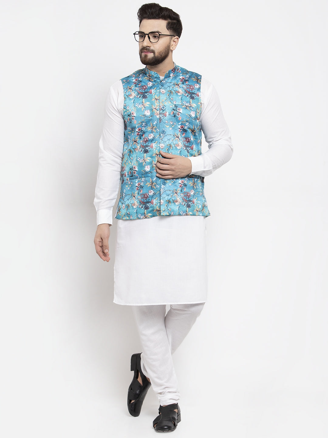 Jompers Men's Solid Cotton Kurta Pajama with Printed Waistcoat ( JOKP WC 4058 Sky-W )