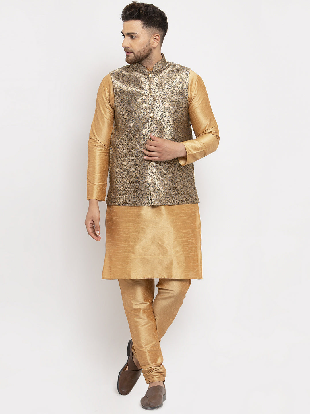 Jompers Men's Solid Dupion Kurta Pajama with Woven Jacqaurd Waistcoat ( JOKP WC 4063Grey-G )