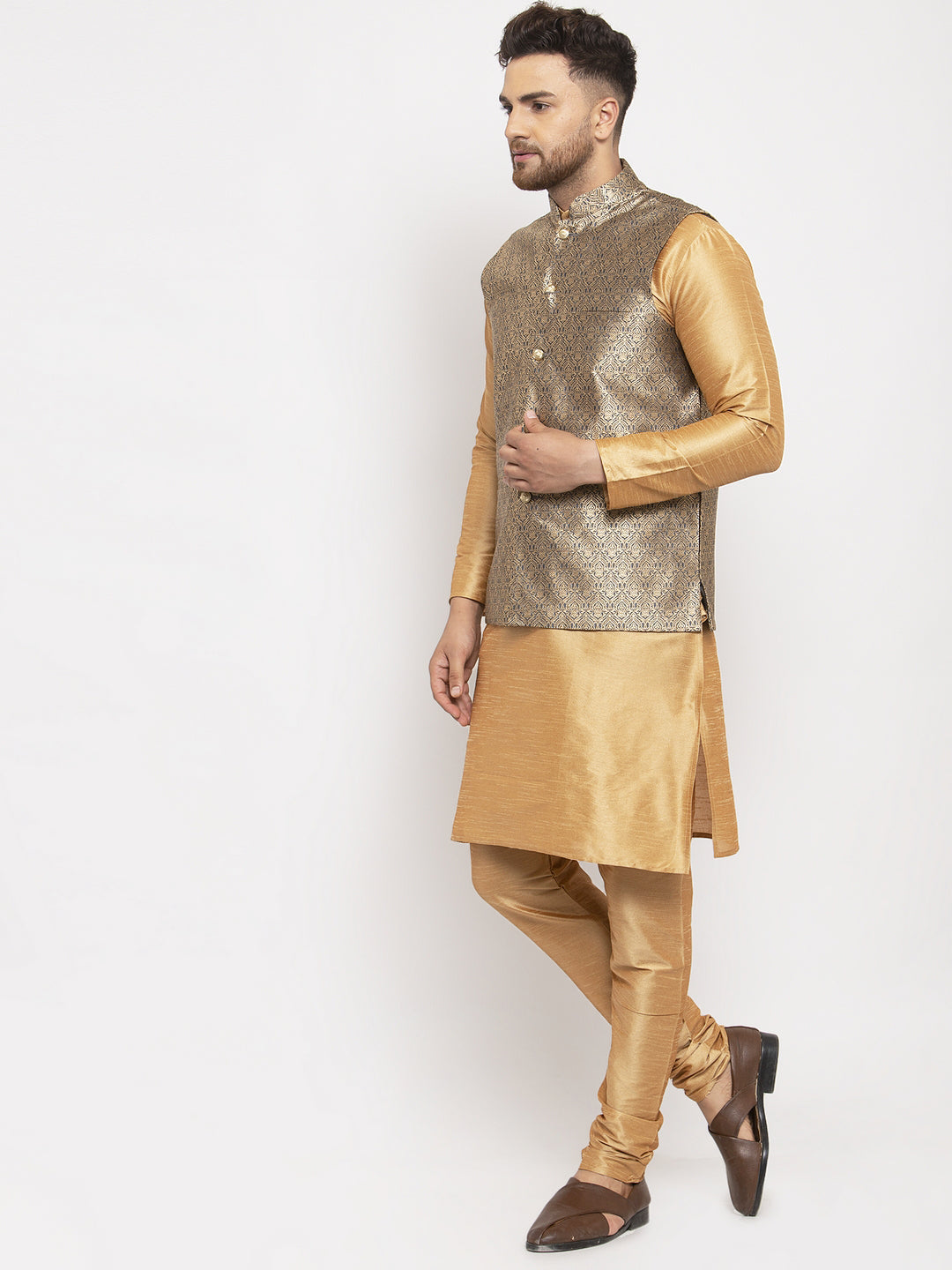 Jompers Men's Solid Dupion Kurta Pajama with Woven Jacqaurd Waistcoat ( JOKP WC 4063Grey-G )
