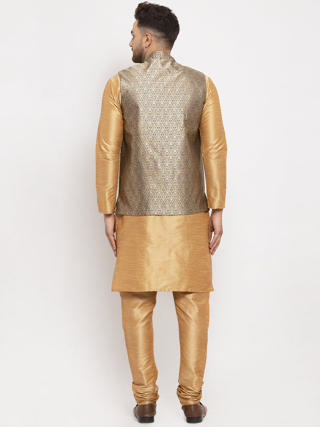 Jompers Men's Solid Dupion Kurta Pajama with Woven Jacqaurd Waistcoat ( JOKP WC 4063Grey-G )