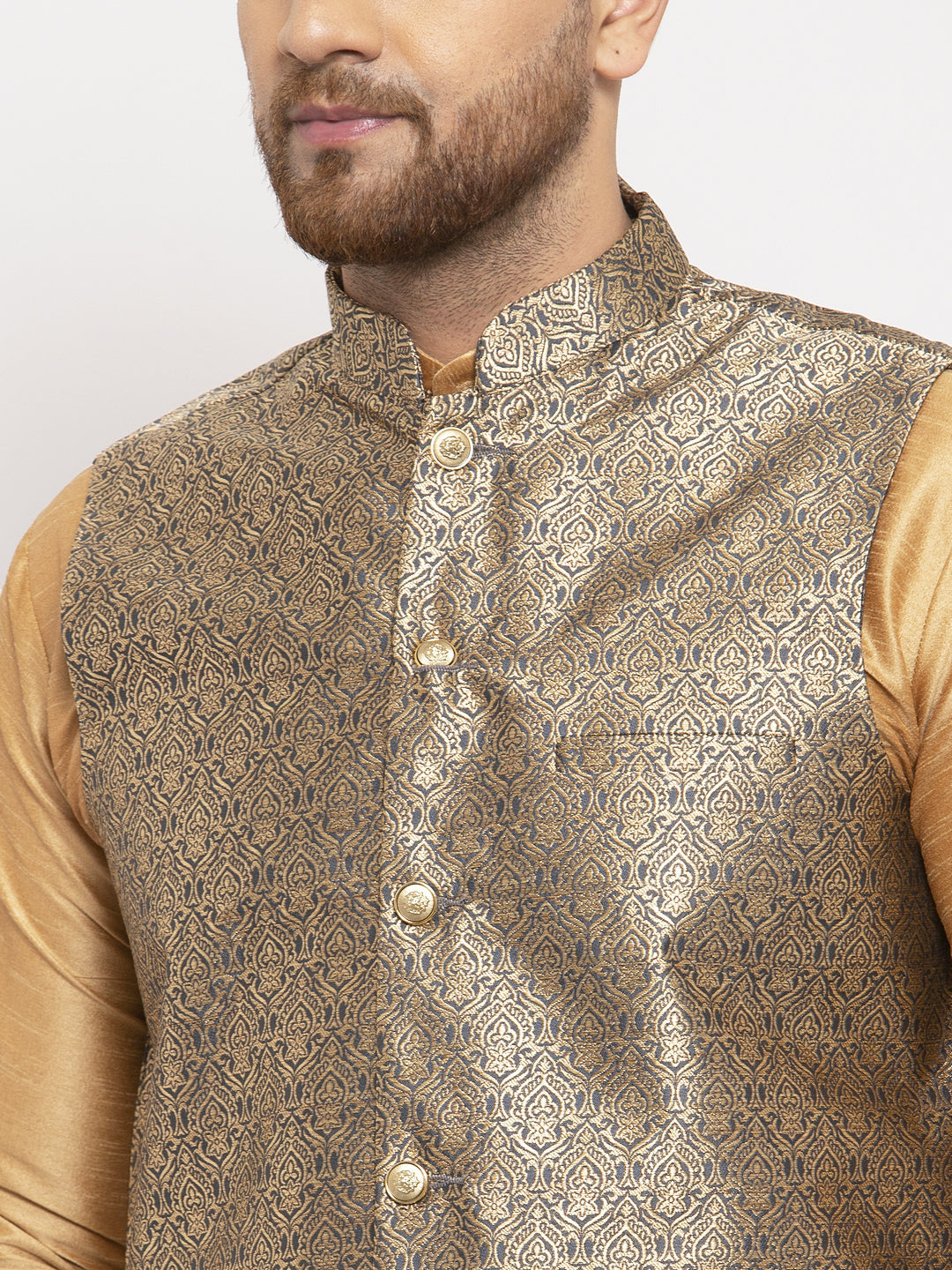 Jompers Men's Solid Dupion Kurta Pajama with Woven Jacqaurd Waistcoat ( JOKP WC 4063Grey-G )