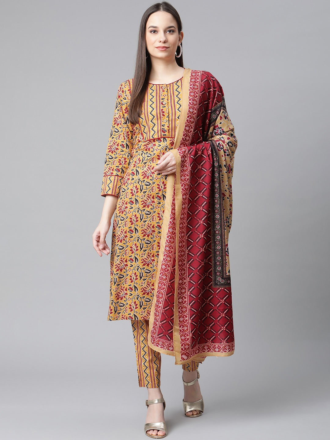 Jompers Women Mustard Yellow & Maroon Floral Pure Cotton Kurta with Trousers & Dupatta ( JOKS D25M 1409 Mustard )