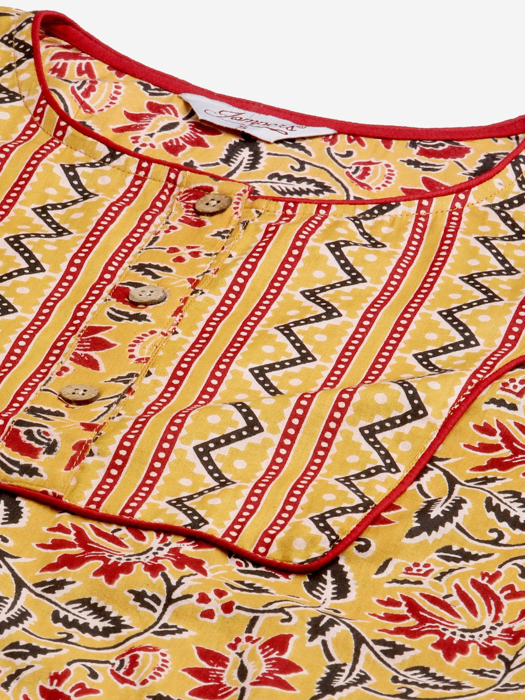 Jompers Women Mustard Yellow & Maroon Floral Pure Cotton Kurta with Trousers & Dupatta ( JOKS D25M 1409 Mustard )