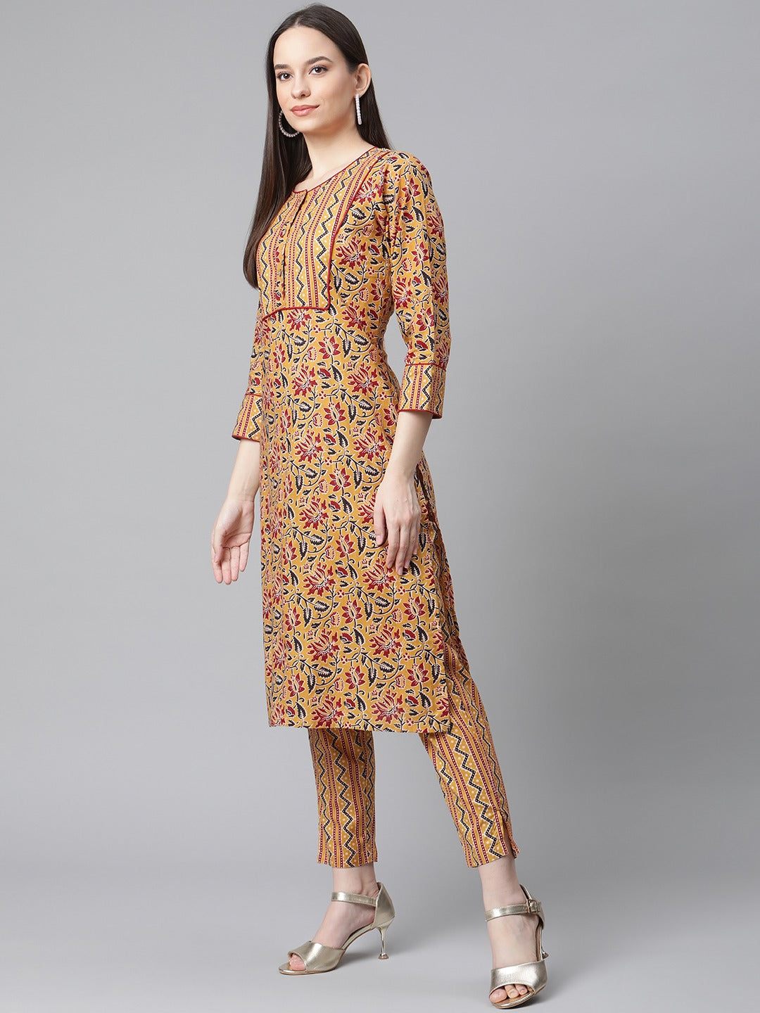 Jompers Women Mustard Yellow & Maroon Floral Pure Cotton Kurta with Trousers & Dupatta ( JOKS D25M 1409 Mustard )