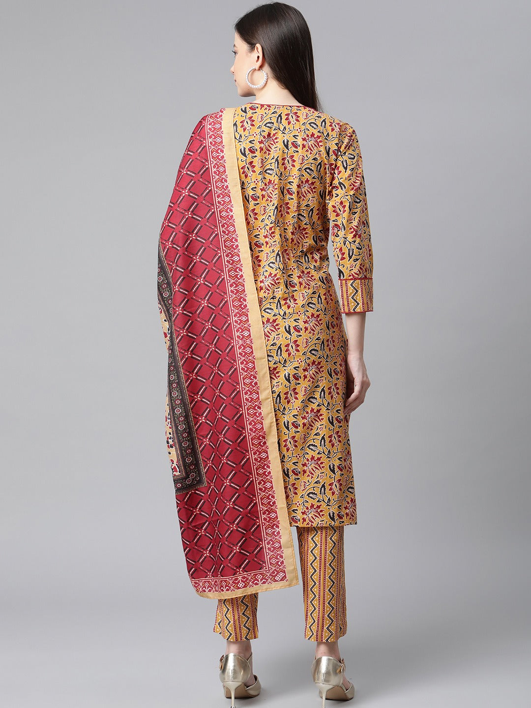 Jompers Women Mustard Yellow & Maroon Floral Pure Cotton Kurta with Trousers & Dupatta ( JOKS D25M 1409 Mustard )