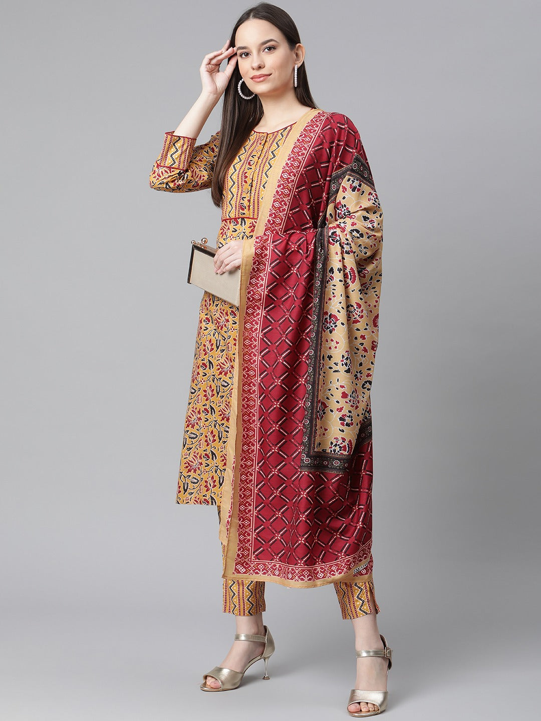 Jompers Women Mustard Yellow & Maroon Floral Pure Cotton Kurta with Trousers & Dupatta ( JOKS D25M 1409 Mustard )