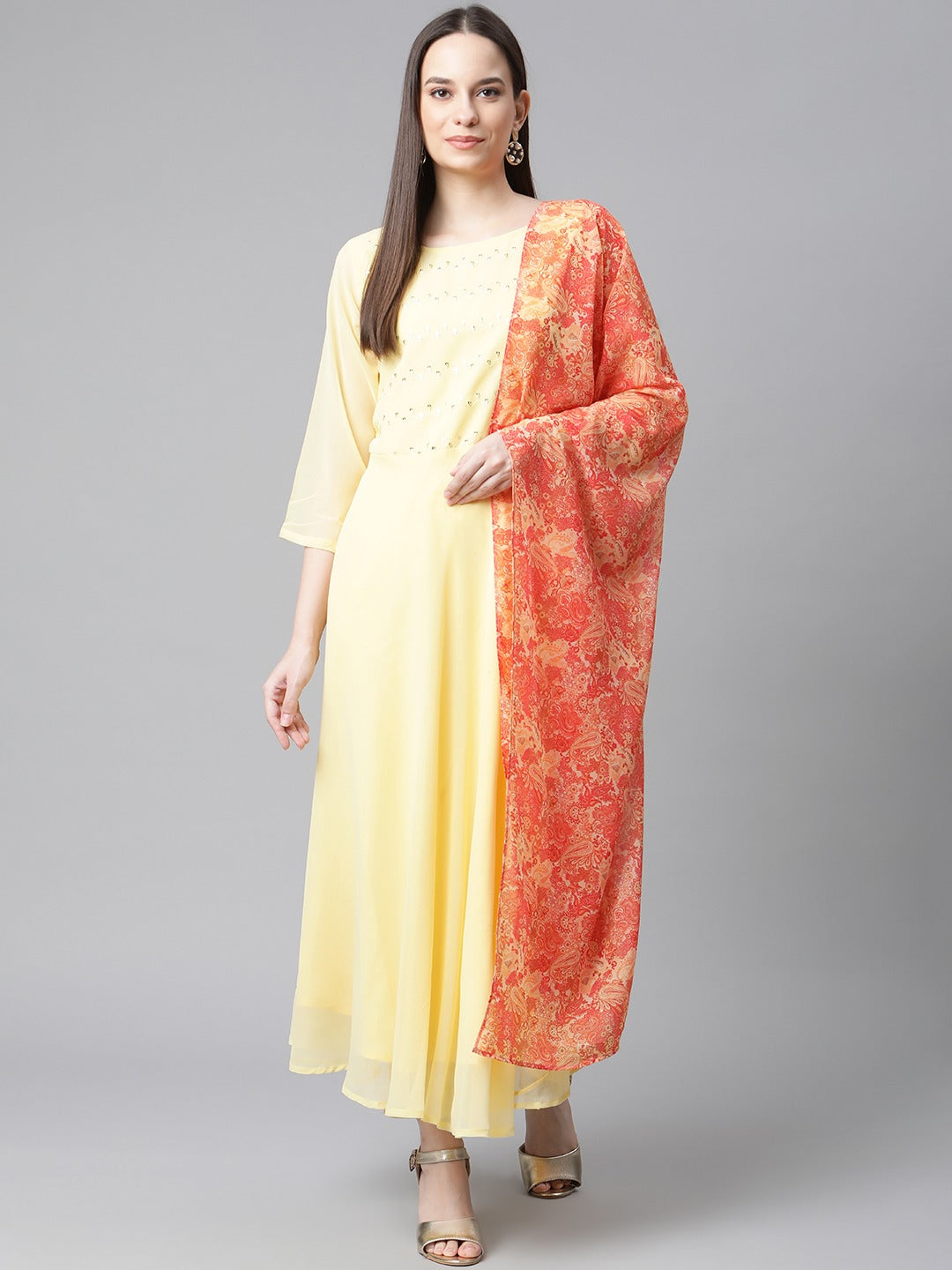 Jompers Women Yellow Embroidered Regular Sequinned Kurta with Trousers & With Dupatta ( JOKS D29R 1383 Yellow )