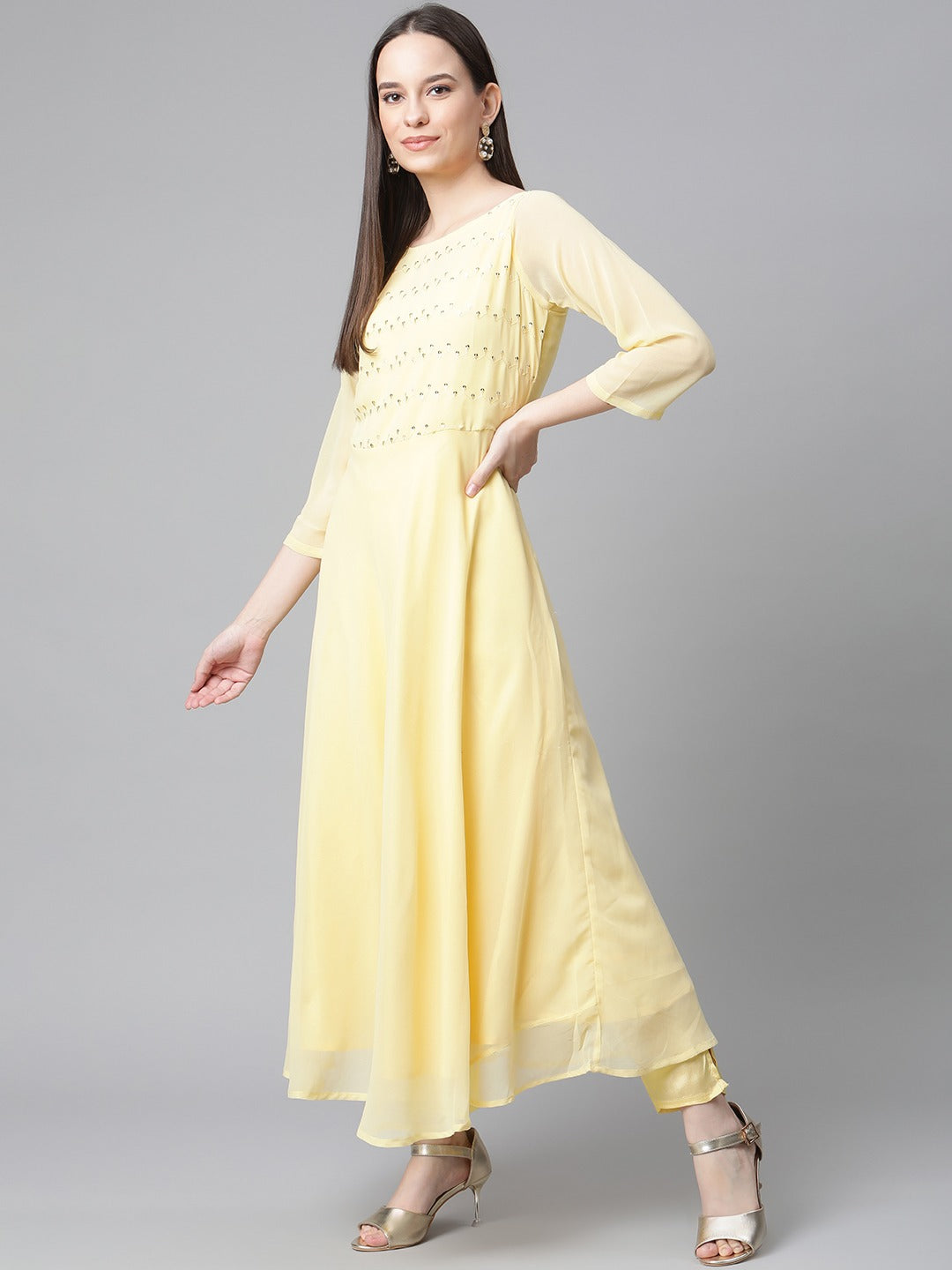 Jompers Women Yellow Embroidered Regular Sequinned Kurta with Trousers & With Dupatta ( JOKS D29R 1383 Yellow )