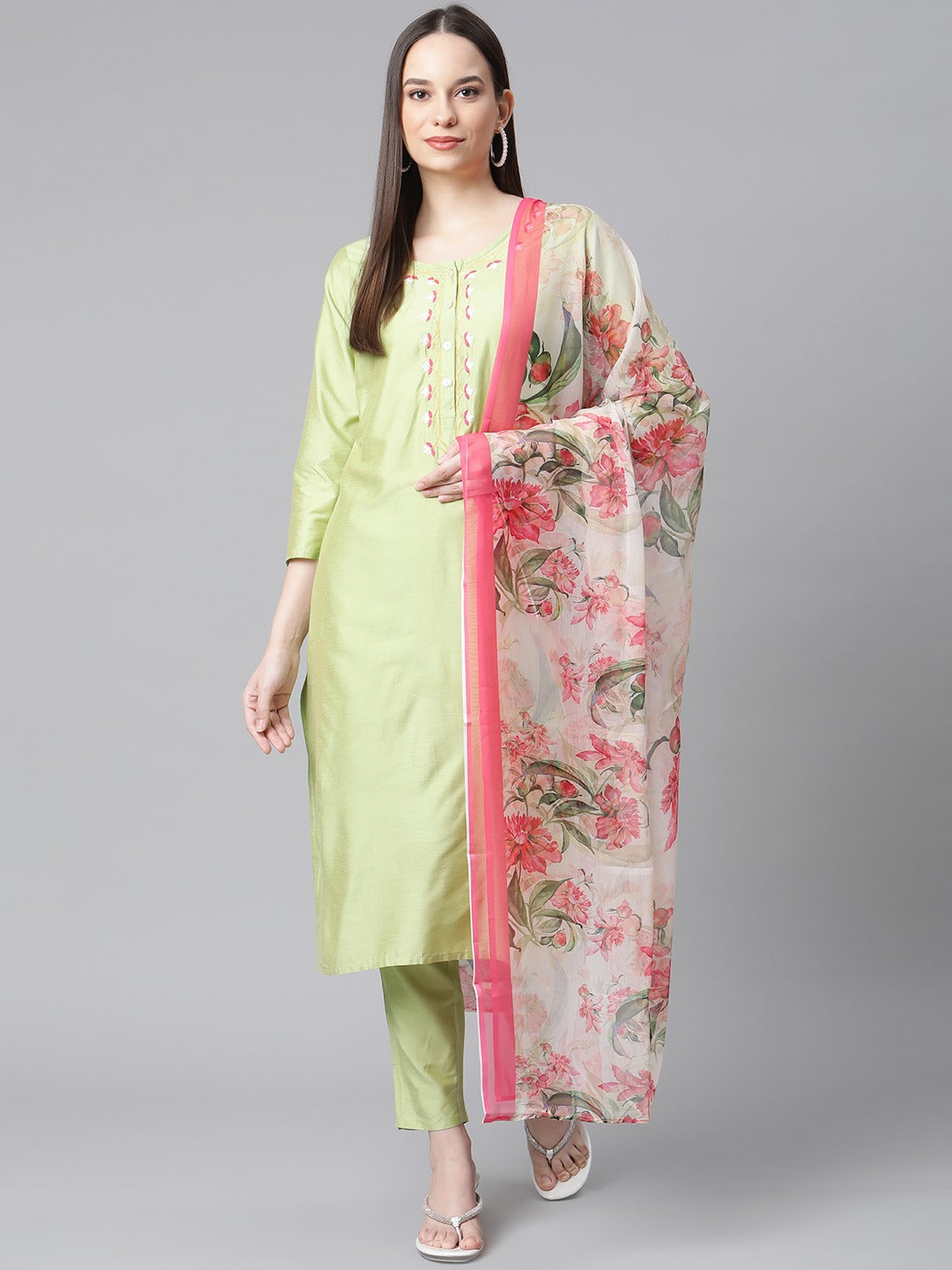 Women Green Embroidered Regular Kurta with Trousers & With Dupatta ( JOKS D30 1361 Green )