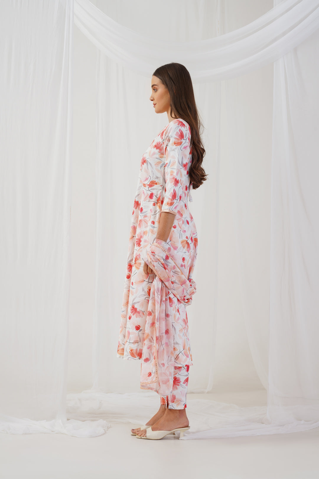 White Floral Printed Mirror Work Linen Kurta with Trousers & Dupatta ( JOKS D57W 1545 White )