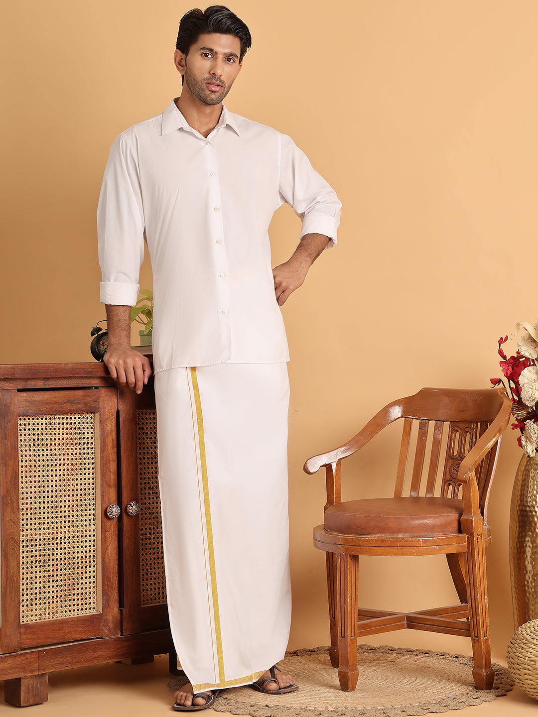 Readymade Dhoti with Golden Zari Border ( JOLD 010White )