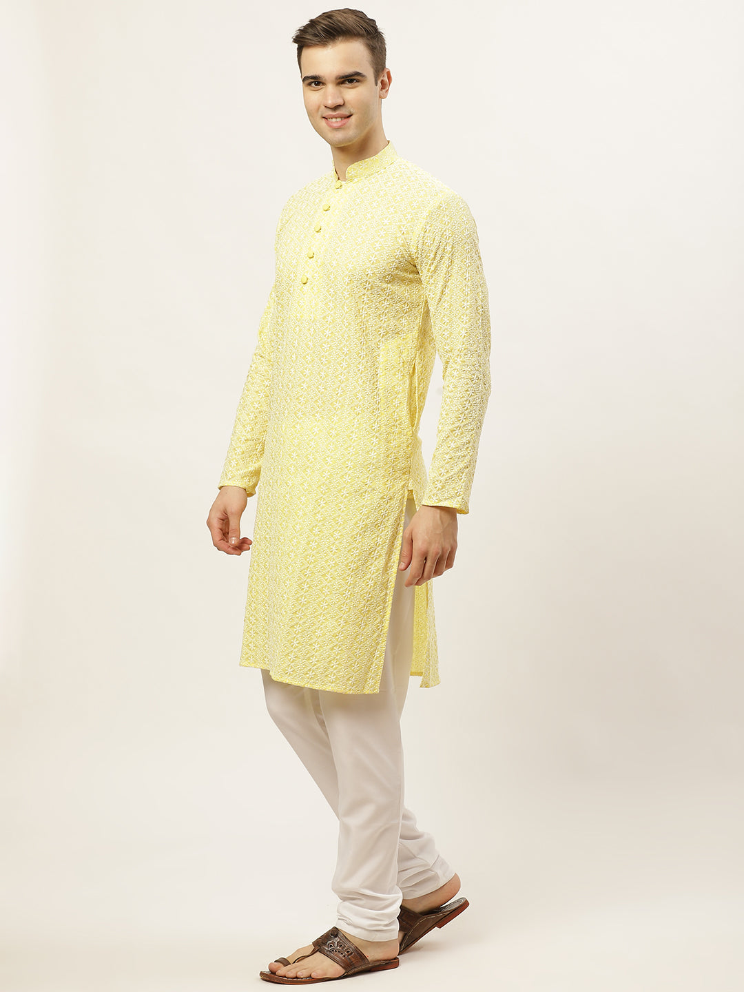 Jompers Men's Yellow Embroidered Kurta Payjama Sets ( JOKP 626Yellow )