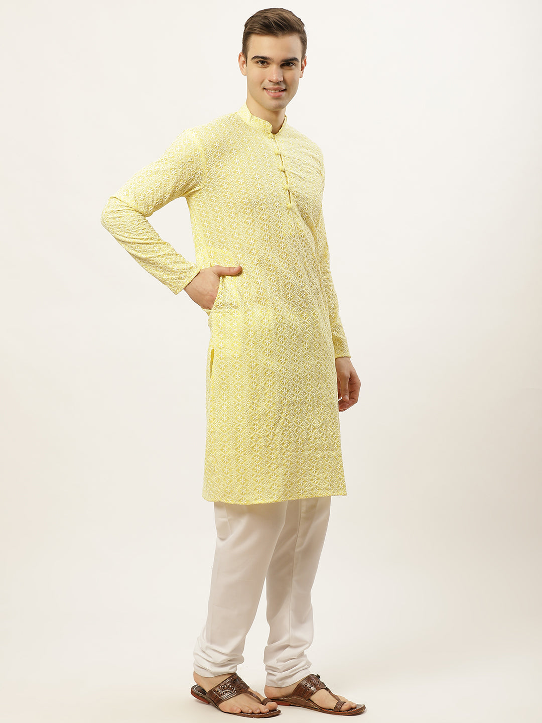 Jompers Men's Yellow Embroidered Kurta Payjama Sets ( JOKP 626Yellow )