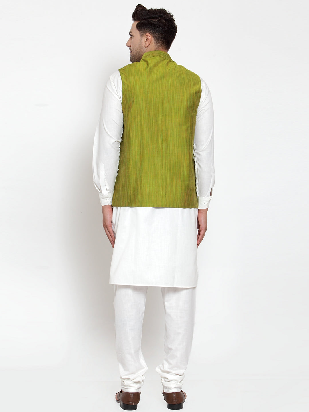 Jompers Men's White Solid Kurta with Pyjamas & Green Nehru Jacket ( JOKP WC 4064 Green-W )