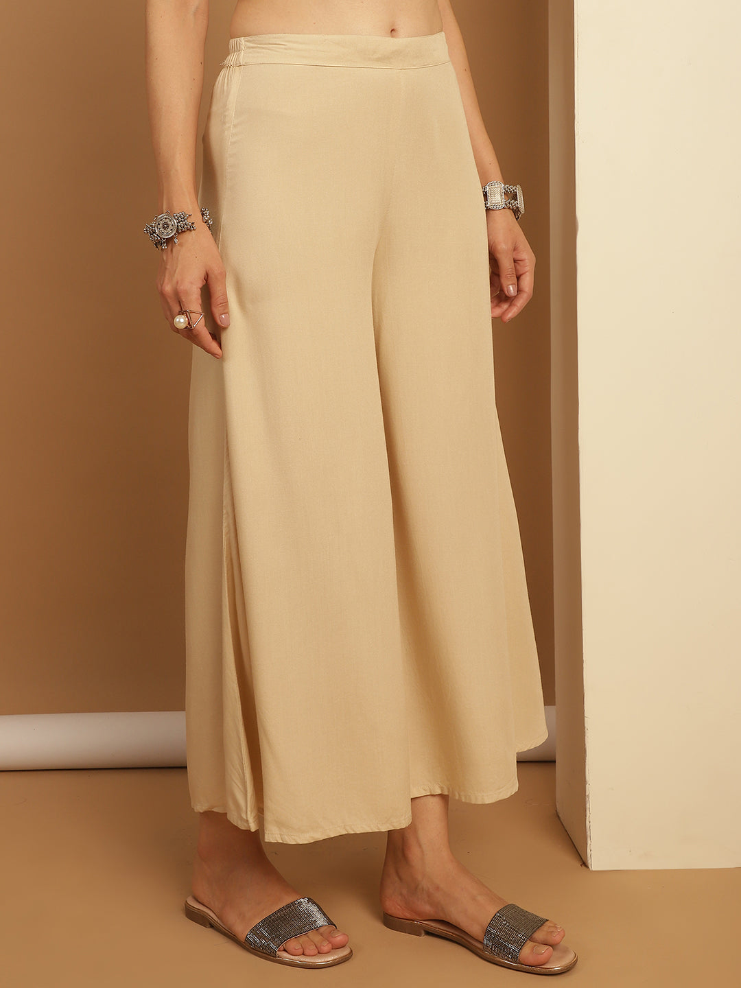 Women Beige Straight Partially Elasticated Palazzo
