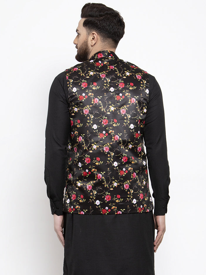 Jompers Men's Black Printed Nehru Jacket ( JOWC 4007Black )