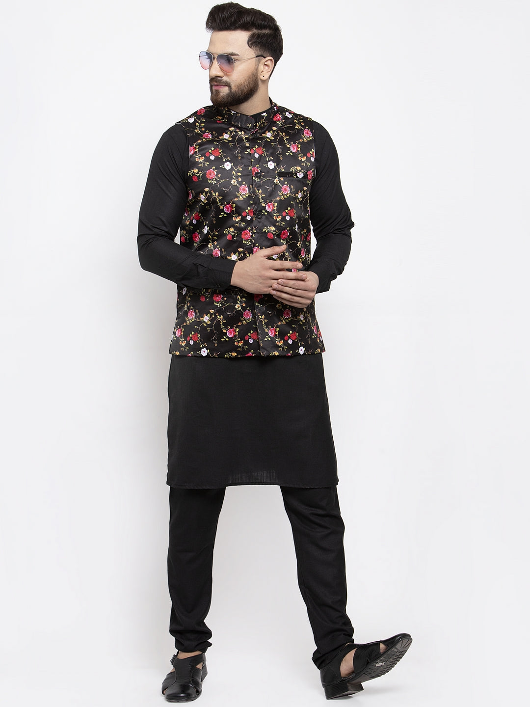 Jompers Men's Black Printed Nehru Jacket ( JOWC 4007Black )